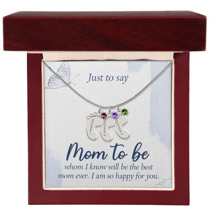 Personalized "Mom to Be" Engraved Baby Feet Necklace with Birthstone