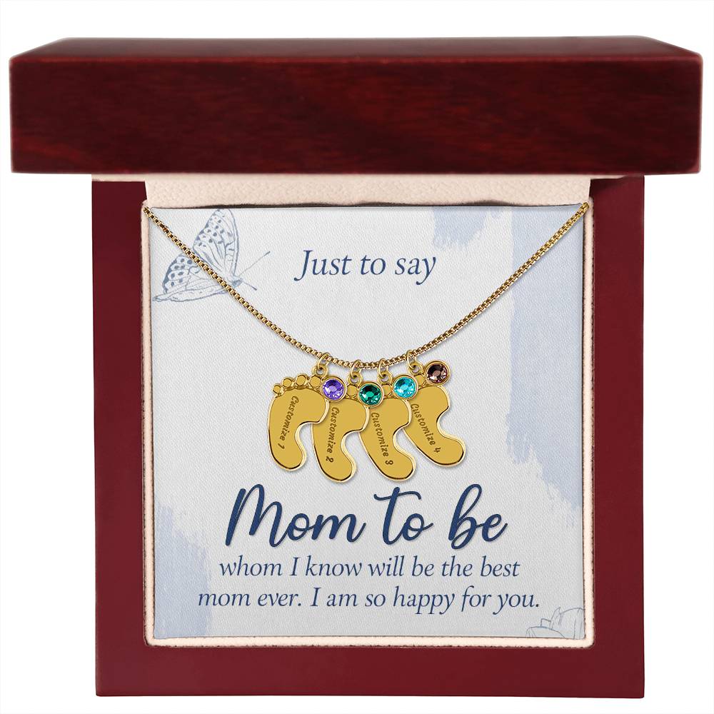 Personalized "Mom to Be" Engraved Baby Feet Necklace with Birthstone