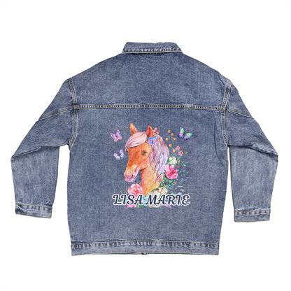 Personalized Women Spirited Horse & Butterflies Jean Jacket