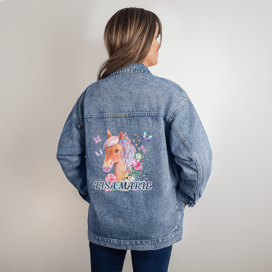 Personalized Women Spirited Horse & Butterflies Jean Jacket